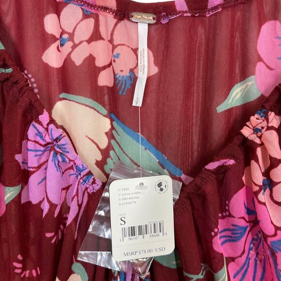 Free People Of Paradise Top Small New Floral Print Mesh Retro Crop Boho Blouse - Picture 5 of 7